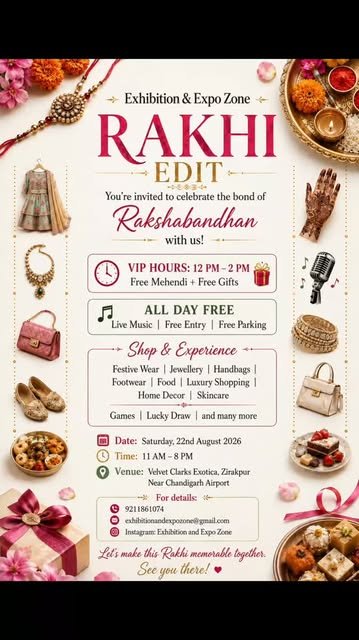 Rakhi Edit invitation — VIP hours, free mehendi, live music, free entry